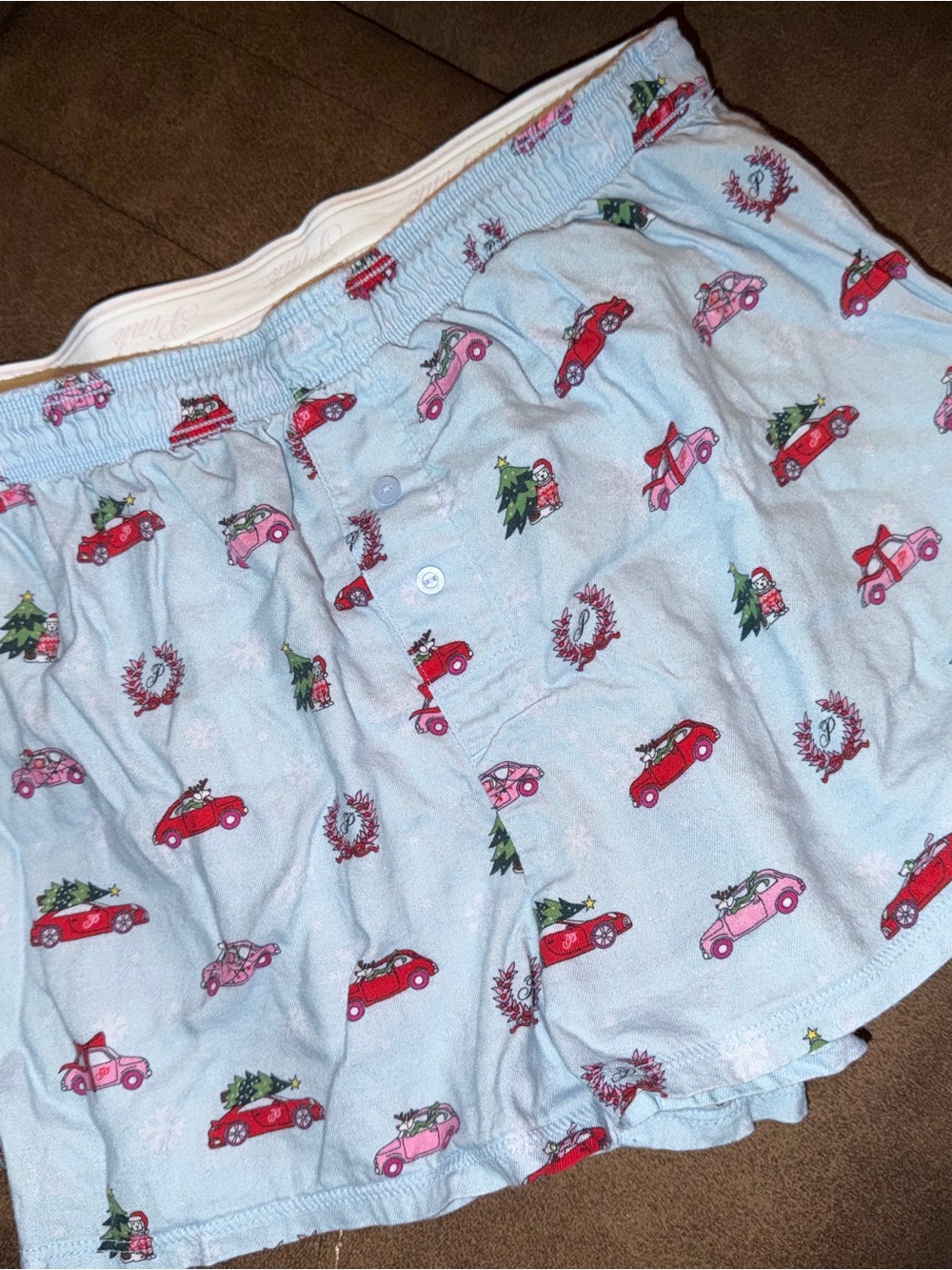 PINK Victoria's Secret Light Blue Holiday Car Print Cotton Boxer Shorts
